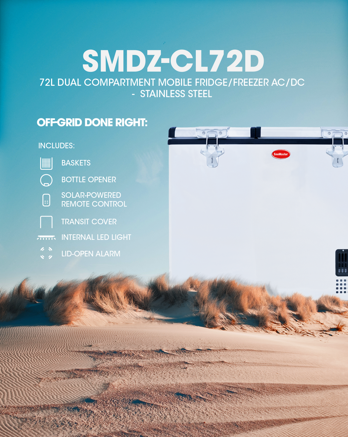SnoMaster - 72L Dual Compartment Mobile Fridge/Freezer AC/DC -  Stainless Steel (SMDZ-CL72D)
