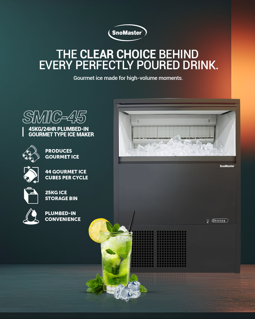 SnoMaster – 45Kg Plumbed-in Gourmet Type Ice Maker (SMIC-45)