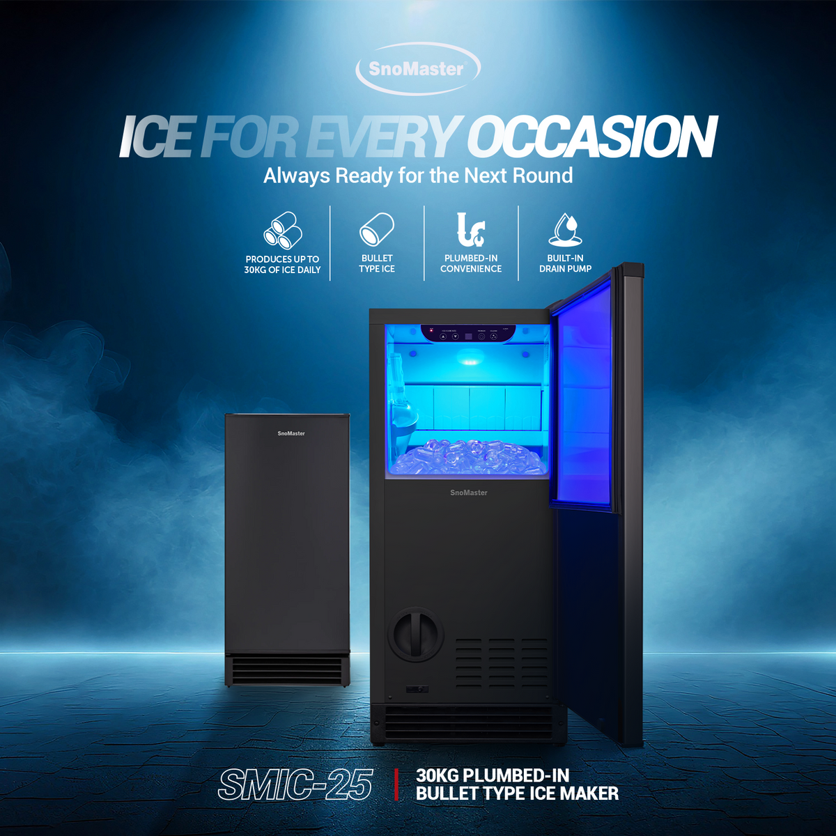SnoMaster – 30Kg/24Hr Plumbed-in Bullet Type Ice Maker (SMIC-25)