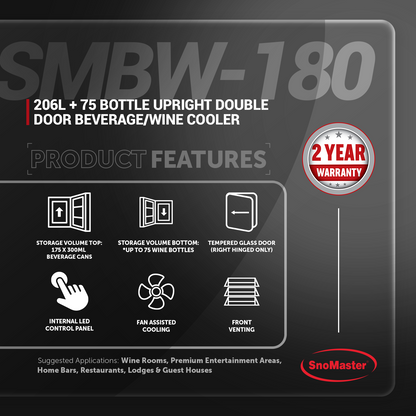 SnoMaster - 206L + 75 Bottle Upright Double Door Beverage/Wine Cooler (SMBW-180)