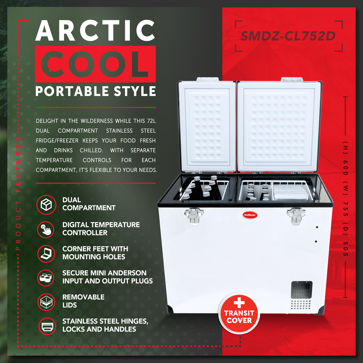 SnoMaster - 72L Dual Compartment Mobile Fridge/Freezer AC/DC -  Stainless Steel (SMDZ-CL72D)
