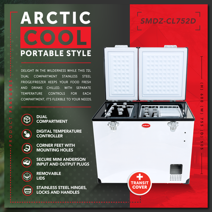 SnoMaster - 72L Dual Compartment Mobile Fridge/Freezer AC/DC -  Stainless Steel (SMDZ-CL72D)