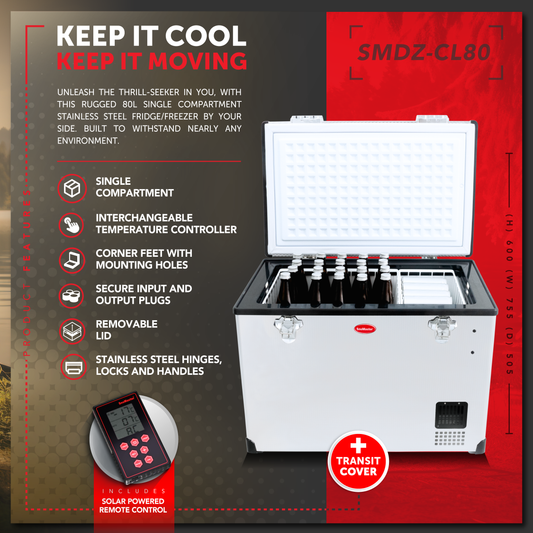 SnoMaster - 80L Single Compartment Mobile Fridge/Freezer AC/DC - Stainless Steel (SMDZ-CL80)