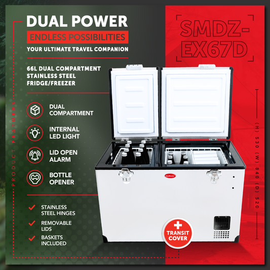 SnoMaster - 66L Dual Compartment Mobile Fridge/Freezer AC/DC - Stainless Steel (SMDZ-EX67D)