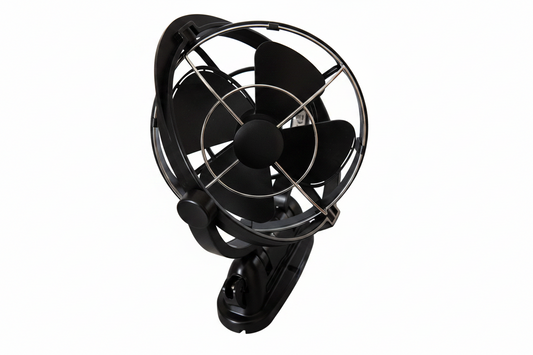 A black clip-on fan with a circular metal guard and visible brand logo on the center hub, isolated on a white background.