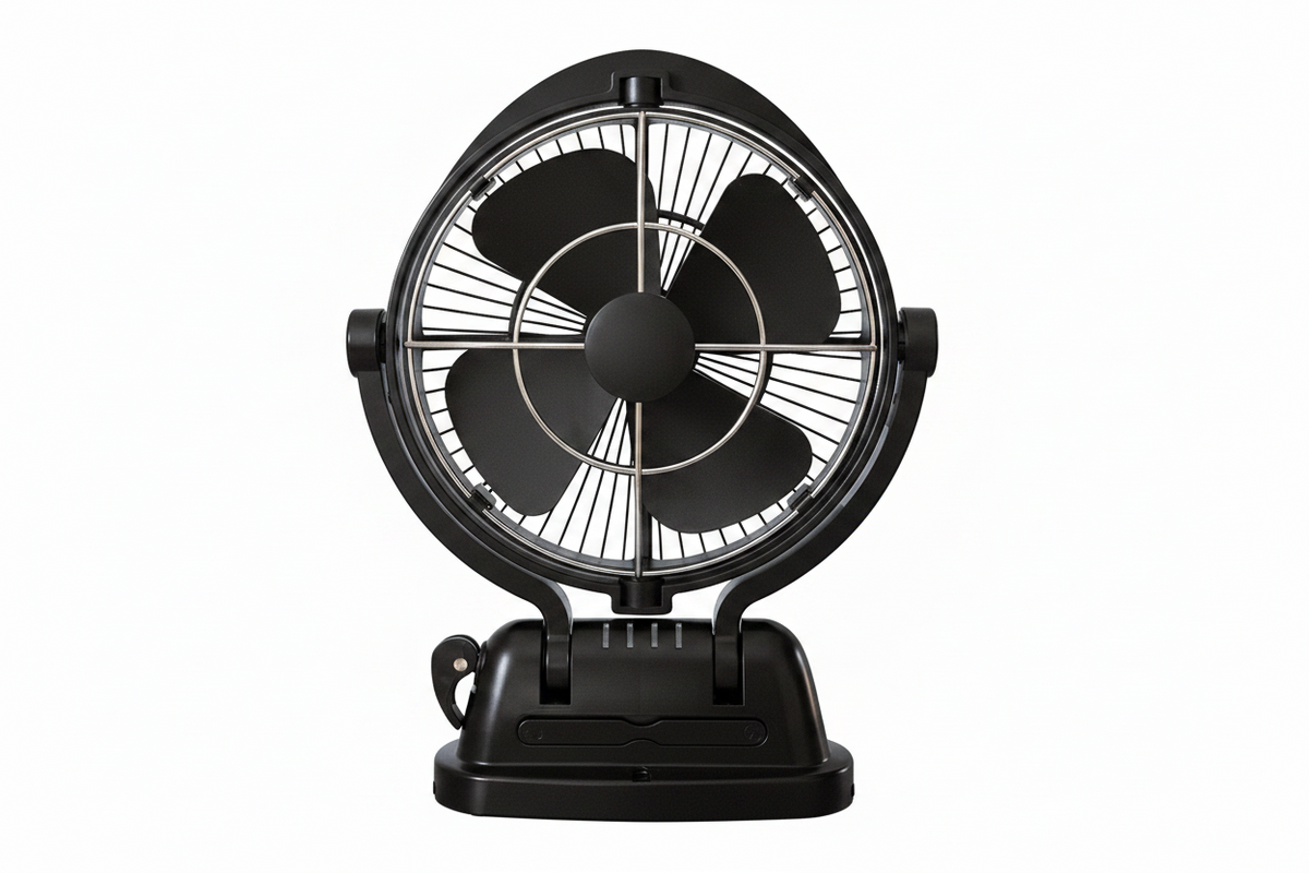  12-inch desk fan with a circular metal guard and three black blades, shown on a solid white background.