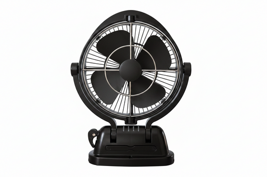  12-inch desk fan with a circular metal guard and three black blades, shown on a solid white background.